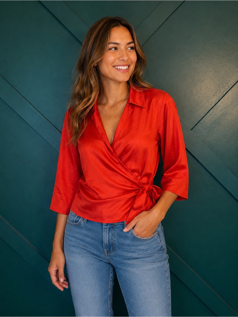 SilkLand Vintage Tomato Red Silk Wrap Blouse Side Tie Dressy Casual Y2K Chic